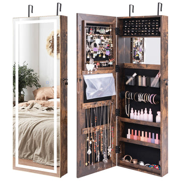 LED Mirror Jewelry Cabinet, Lockable Jewelry Armoire (Rustic Brown)