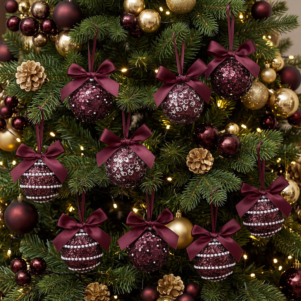 12 Pcs Burgundy Glitter Ornaments with Bow