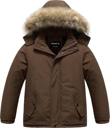 Boys' Waterproof Snow Coat Parka Windproof Winter Jacket With Detachable Fleece Hood