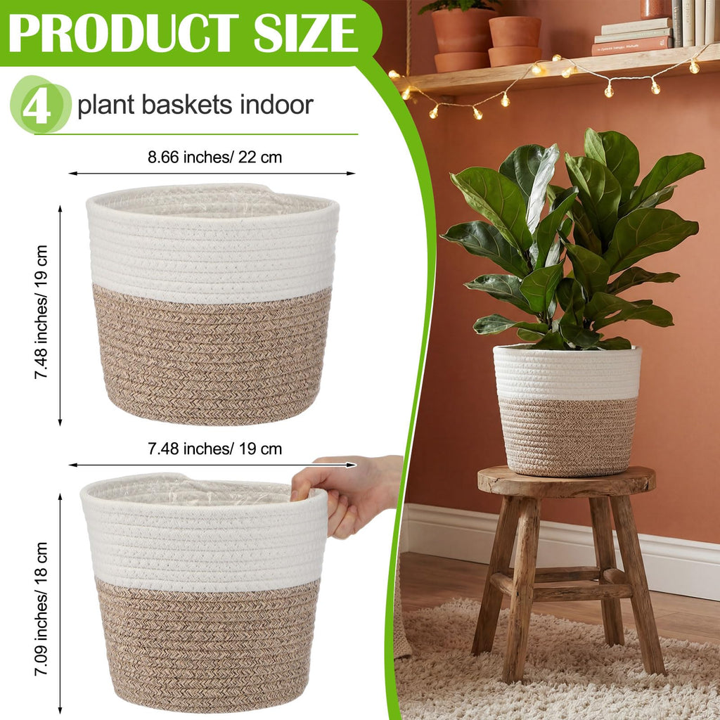 4 Pcs Cotton Rope Plant Baskets Indoor Woven Flower Baskets with Plastic Liner, Plant Planter for Indoor Outdoor