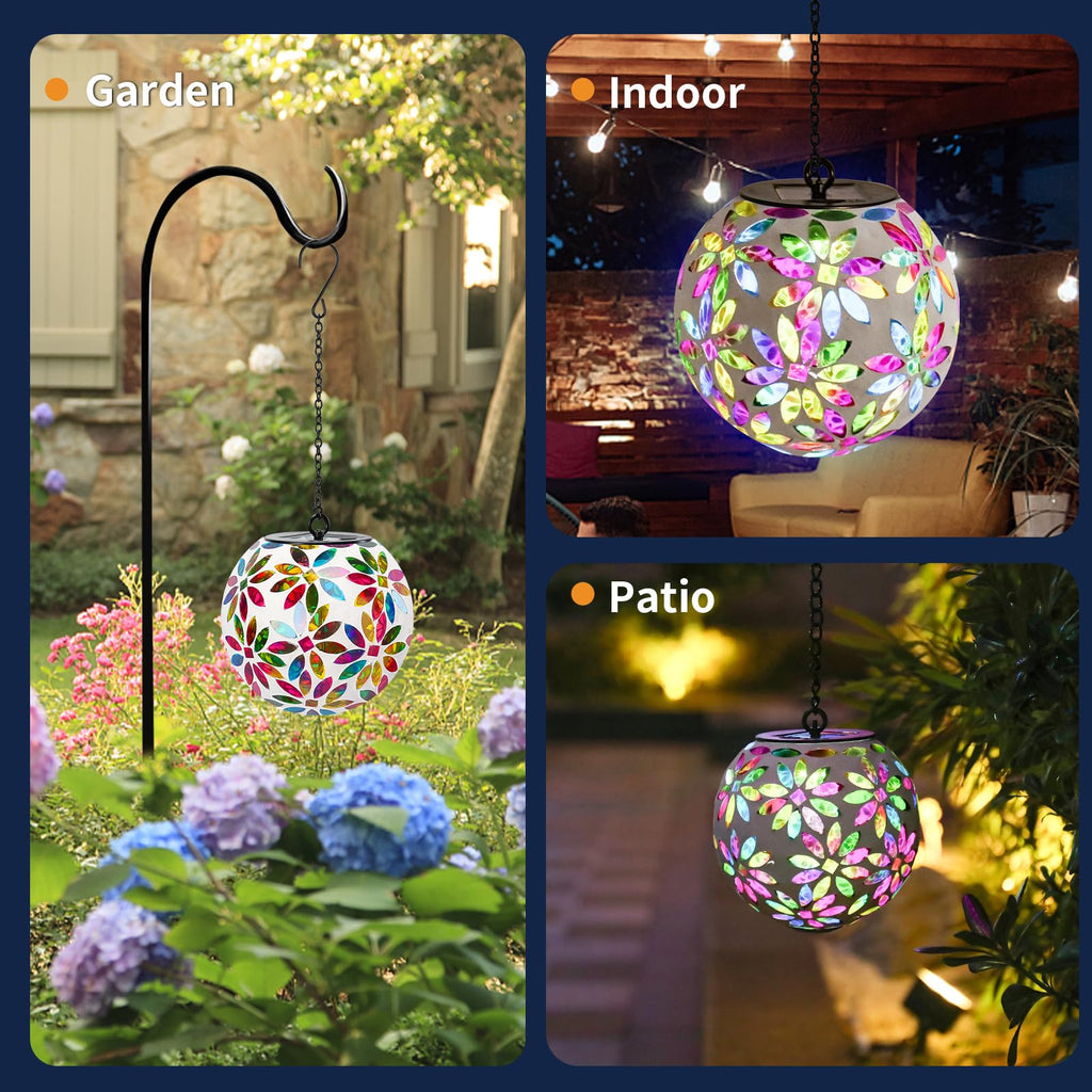 Hanging Solar Lanterns, Pink Mosaic Solar Lights Garden Decor