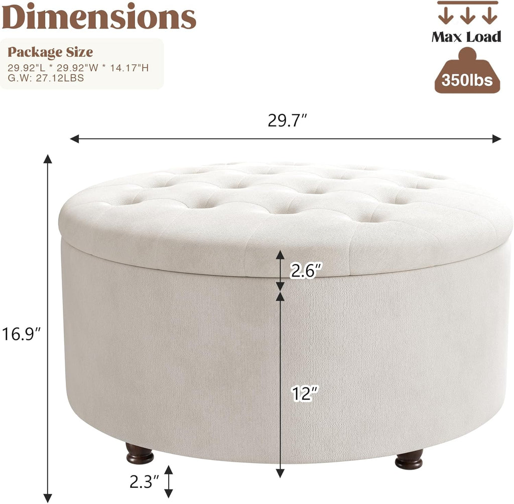 30 Inch Round Storage Ottoman,Modern Tufted Ottomans,Circular Coffee Table with Removable Top,Upholstered Large