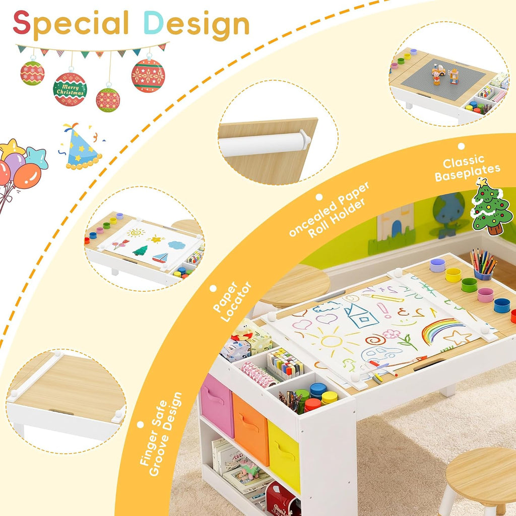 Kids Art Table and 2 Chairs Set, Wooden Craft Desk with Storage Shelves, 3 Storage Bins & Paper Roll for Drawing
