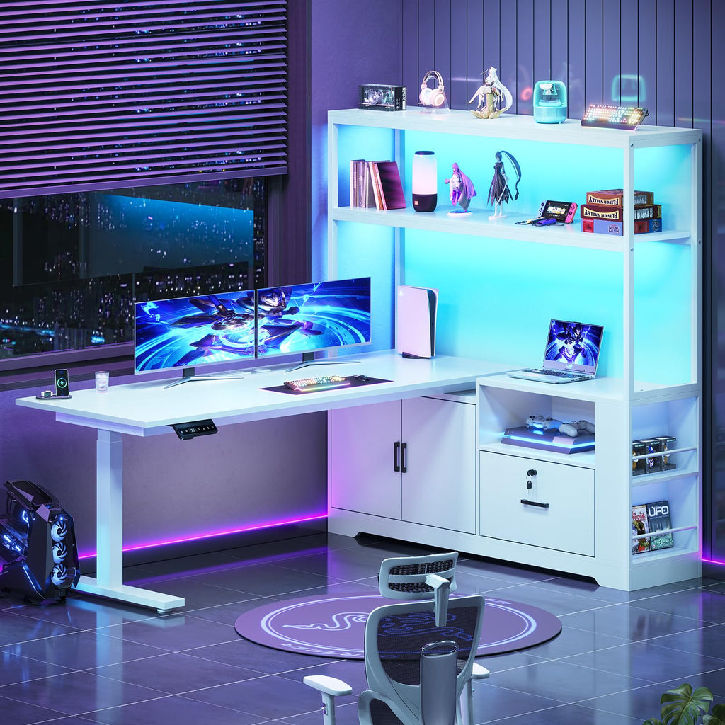 57" L Shaped Standing Desk, Sit Stand Office Desk with Storage Hutch
