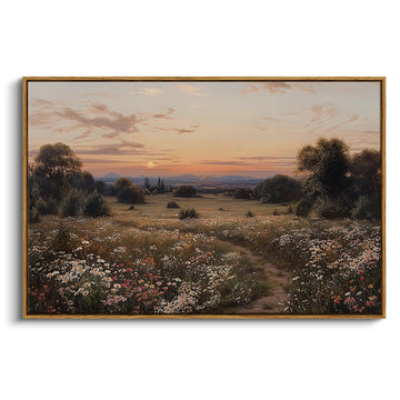 Framed Wall Art Vintage Decor, Sunset Flower Field Prints, 24x36In