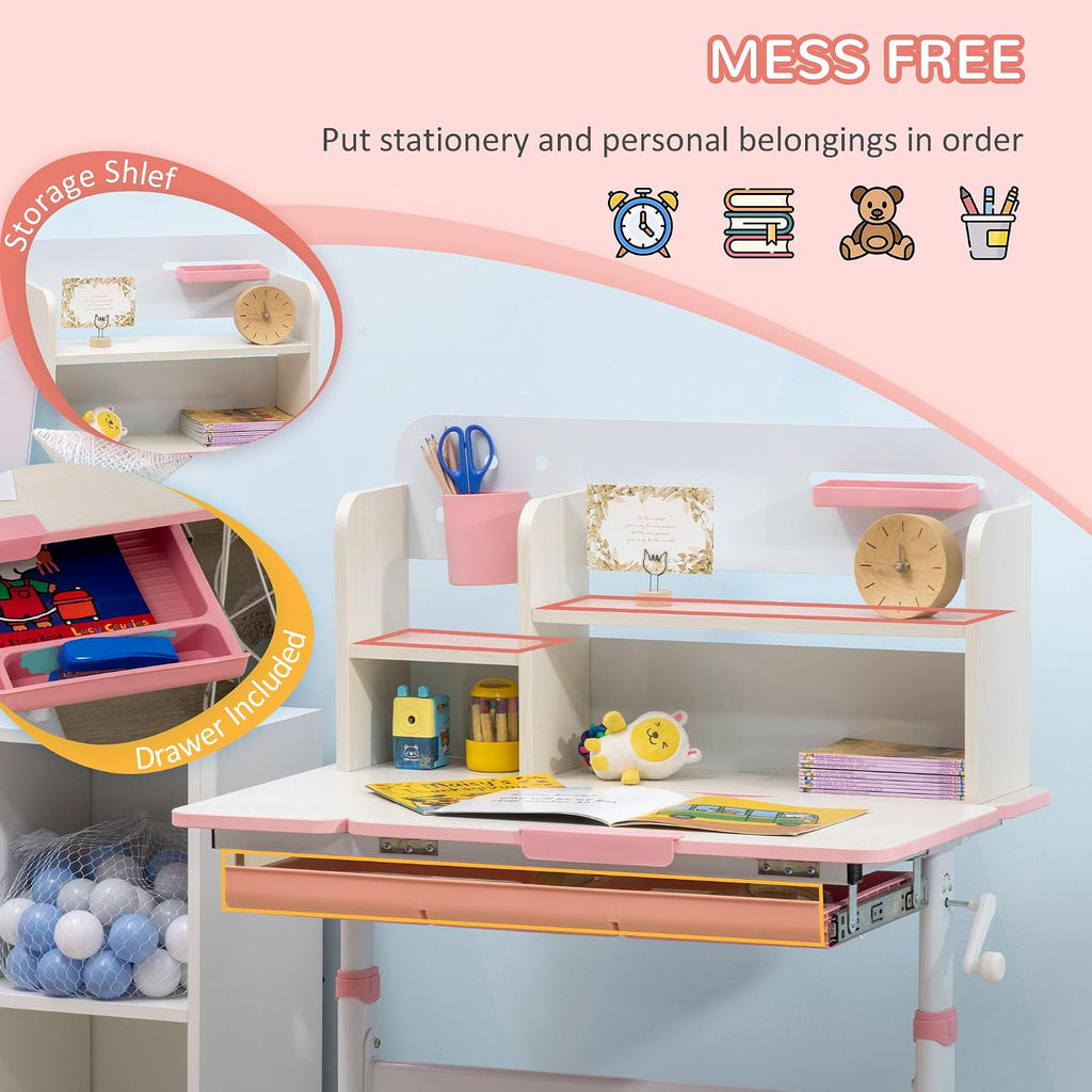 Wooden Kids Study Desk Height Adjustable Tilt Desktop Drawer Pink