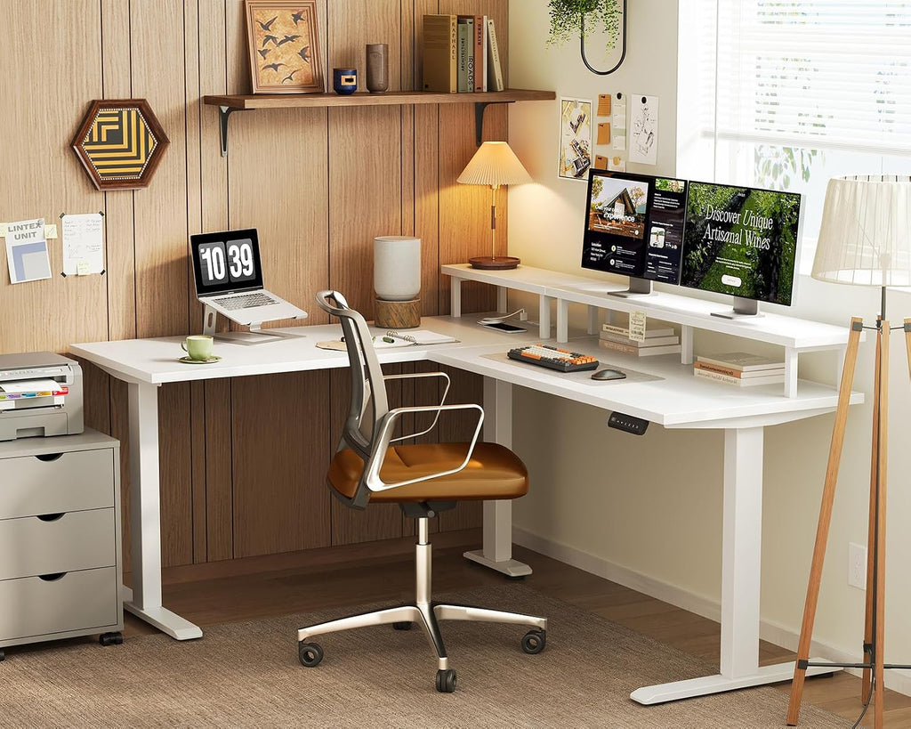 59 Inch L Shaped Electric Standing Desk, Single Monitor Stand, White | Reversible L Shaped Desk With 3 Memory