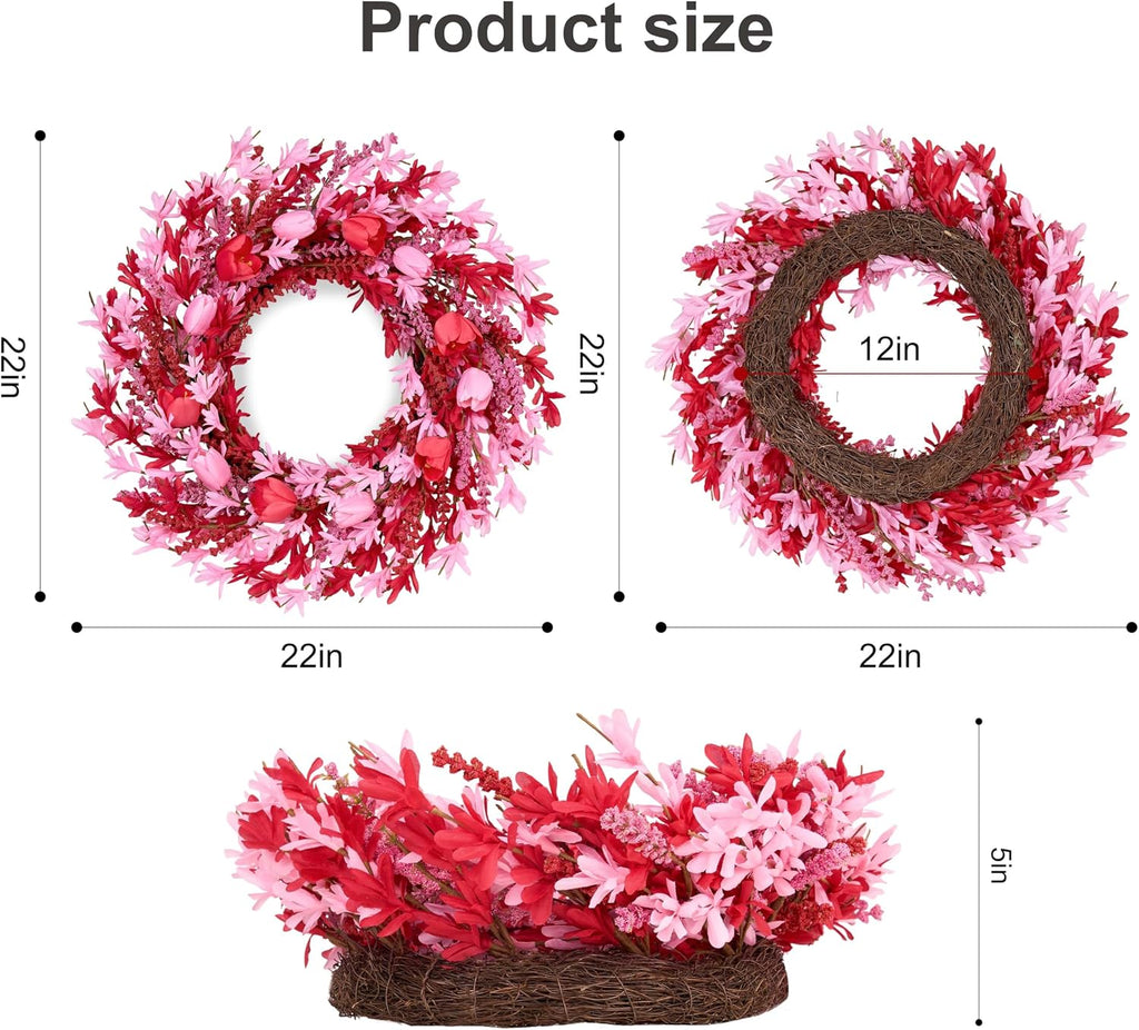 Valentines Day Decorations 22 Inch Valentine's Day Wreath Pink Flower Wreaths for Front Door with Red Tulip Pink