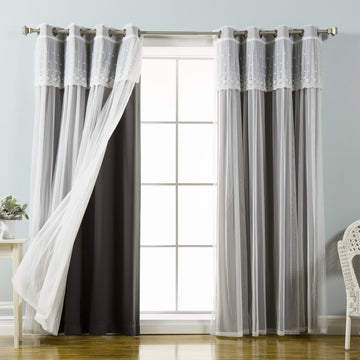 Fashion Mix & Match Tulle Sheer with Attached Valance & Solid Blackout Curtain Set - Stainless Steel Nickel Grommet
