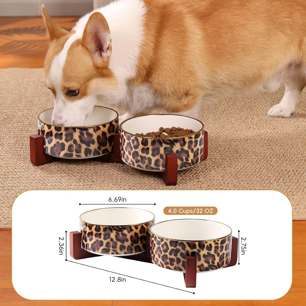 Ceramic Dog Bowl with Wood Stand, 4 Cups Dog Food and Water Bowl Set