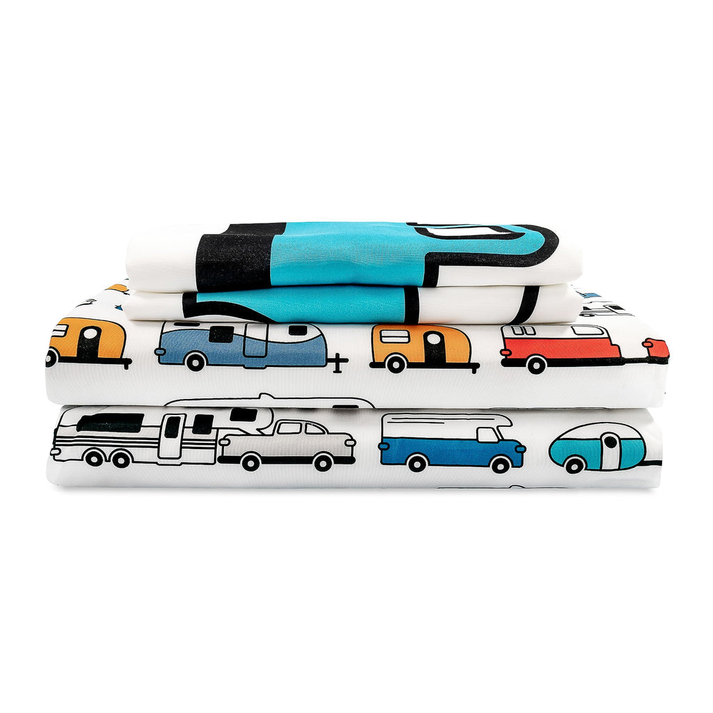 Camper & RV Queen Sheet Set - Features Travel Trailer Print Design - Crafted of Soft Machine Washable Polyester - 4