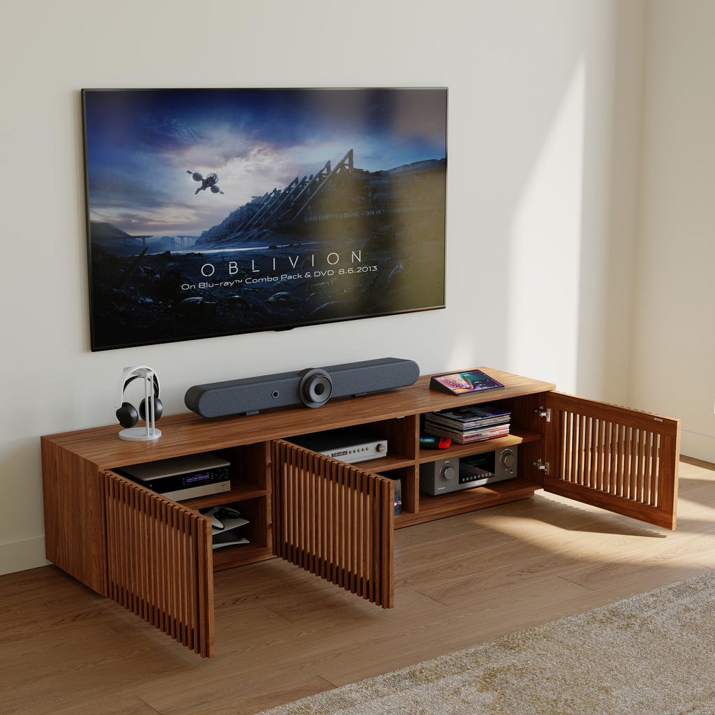 Full Assembled Mid Century Modern TV Stand, Wood Slatted Media Console for 65 inch TV, Entertainment Center with