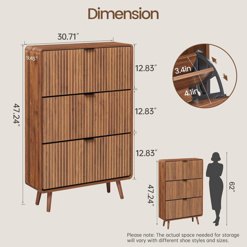 Fluted Shoe Storage Cabinet with 3 Flip Drawers (All Walnut, 3 Drawers)