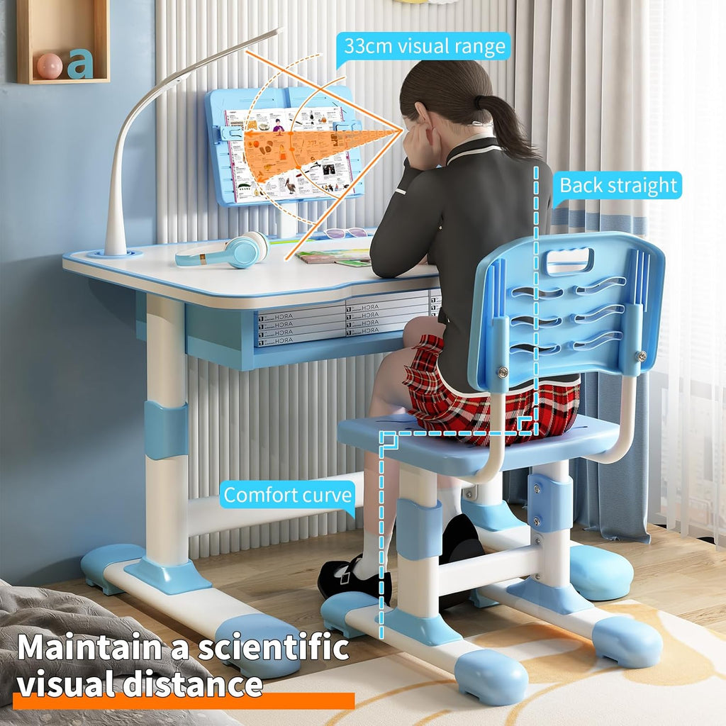 Kids Desk and Chair Set Adjustable Height, Toddler Study Table Kids Table and Chairs with Storage and Drawers