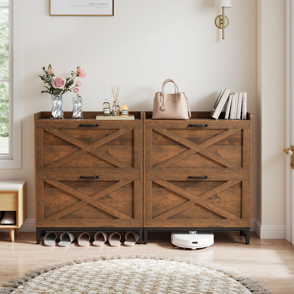 Rustic Farmhouse Shoe Cabinet with 2 Flip Drawers, Narrow Entryway Shoe Storage Organizer for 12-16 Pairs