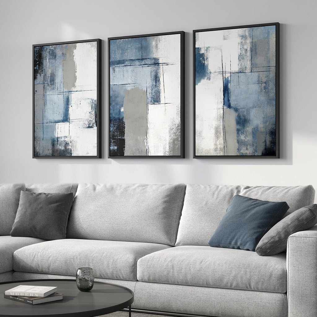 Large Framed Blue and Gray Modern Abstract Wall Art, 3 Piece Set, 20x30 In