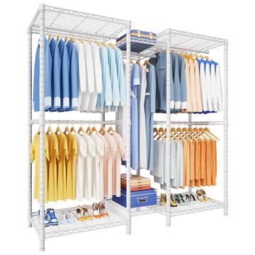 E12 Clothes Rack, Heavy Duty Freestanding Garment Rack with Shelves, Clothing Closet Storage System for Hanging