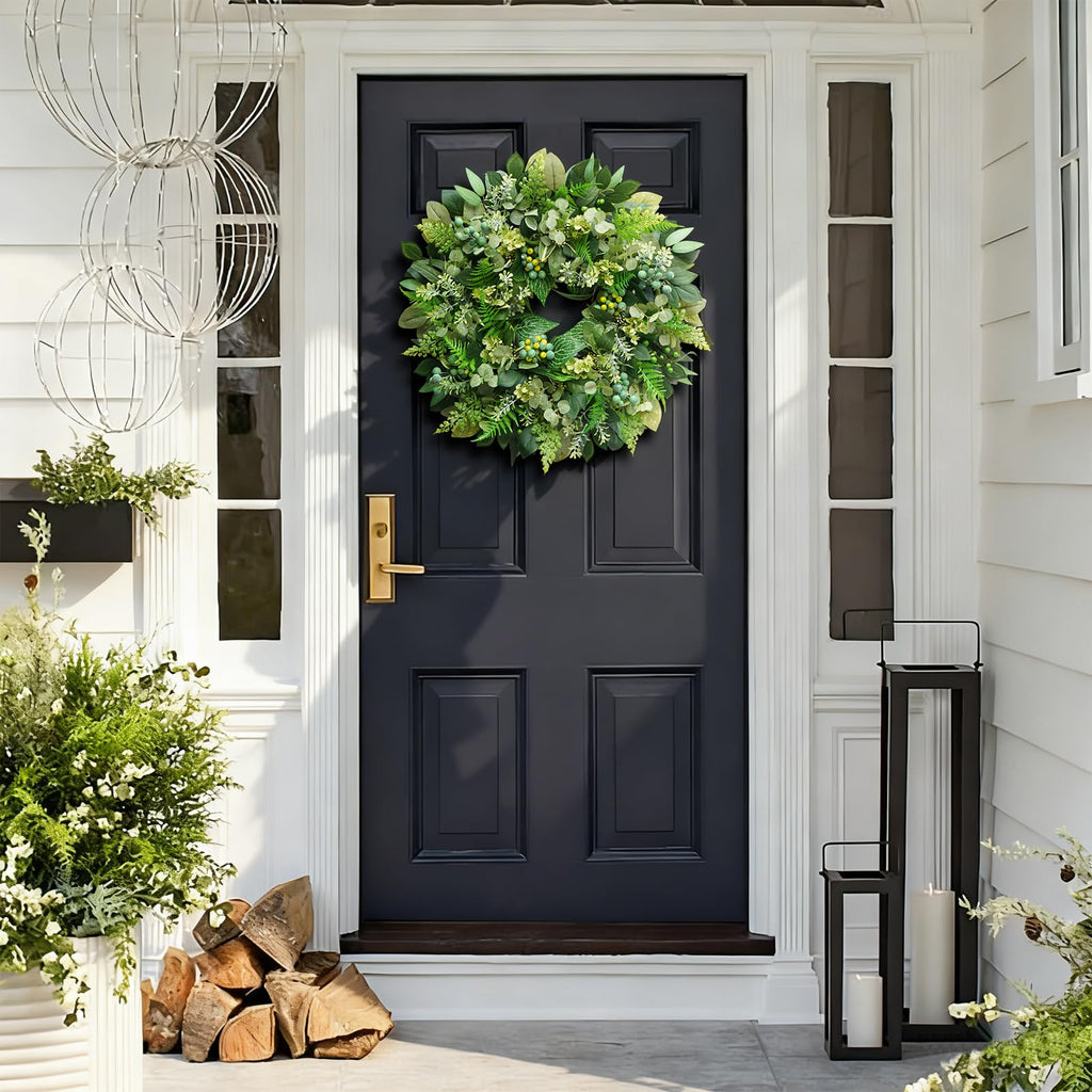 26 Inch Green Wreath for Front Door - Artificial Greenery Wreath with Berries, Indoor Outdoor All Season Year
