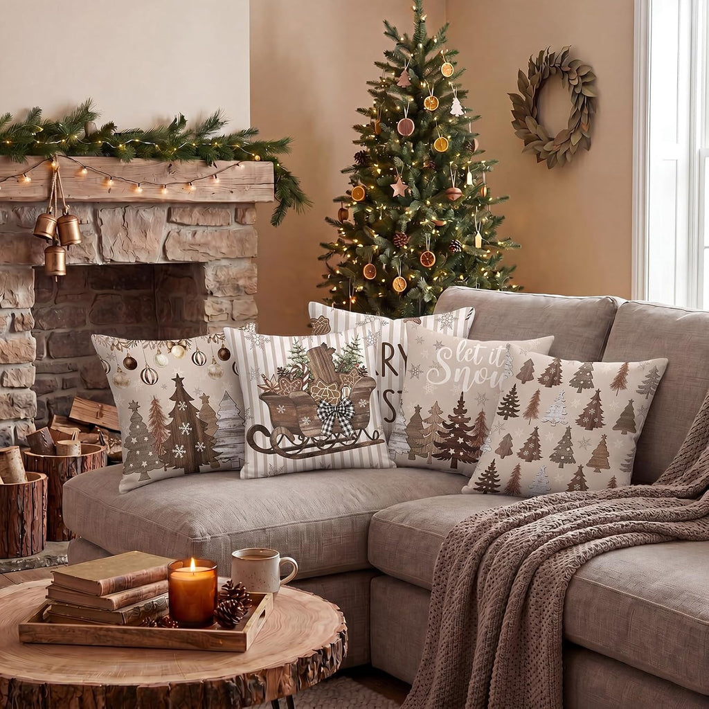 Set Neutral Christmas Pillow Cover 18 x 18 Brown Pillow Case - Set of 6