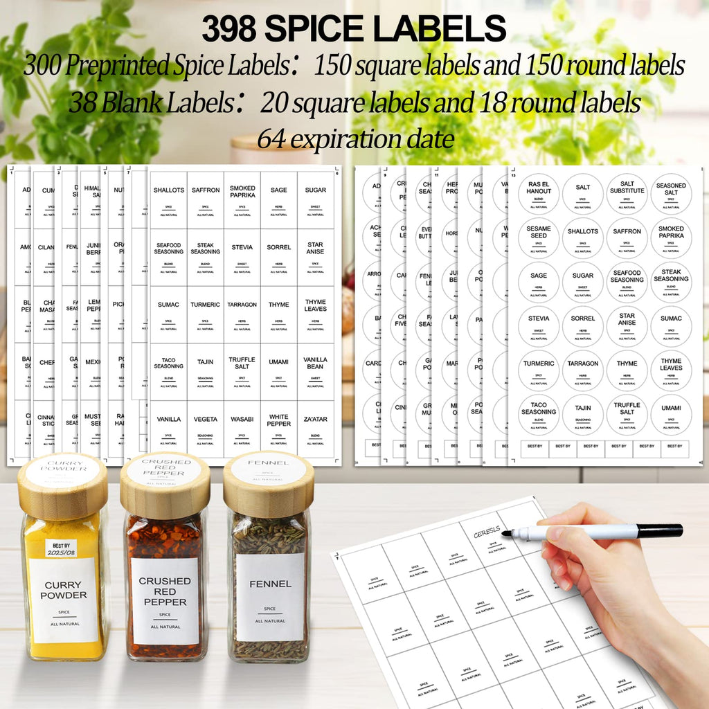 Glass Spice Jars with 398 Labels, 24 pcs 4oz Spice Containers with Bamboo Lids, Square Spice Bottles With Shaker