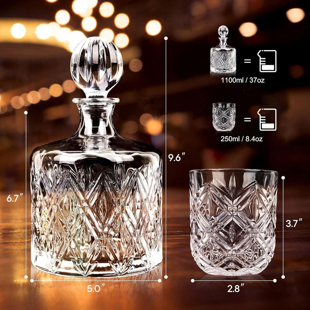 Lead-Free Crystal Whiskey Decanter Set, 37 oz, 4 Glasses, Premium Gift Box for Bourbon, Scotch & Home Bar