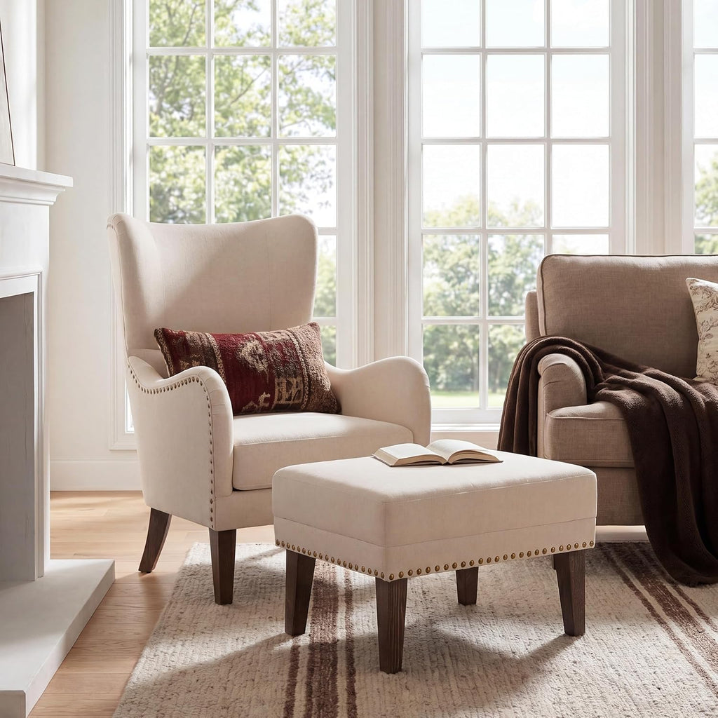 Wingback Accent Chair with Ottoman, Upholstered High Back Reading Armchair and Footrest Set, Nailhead Trim Lounge