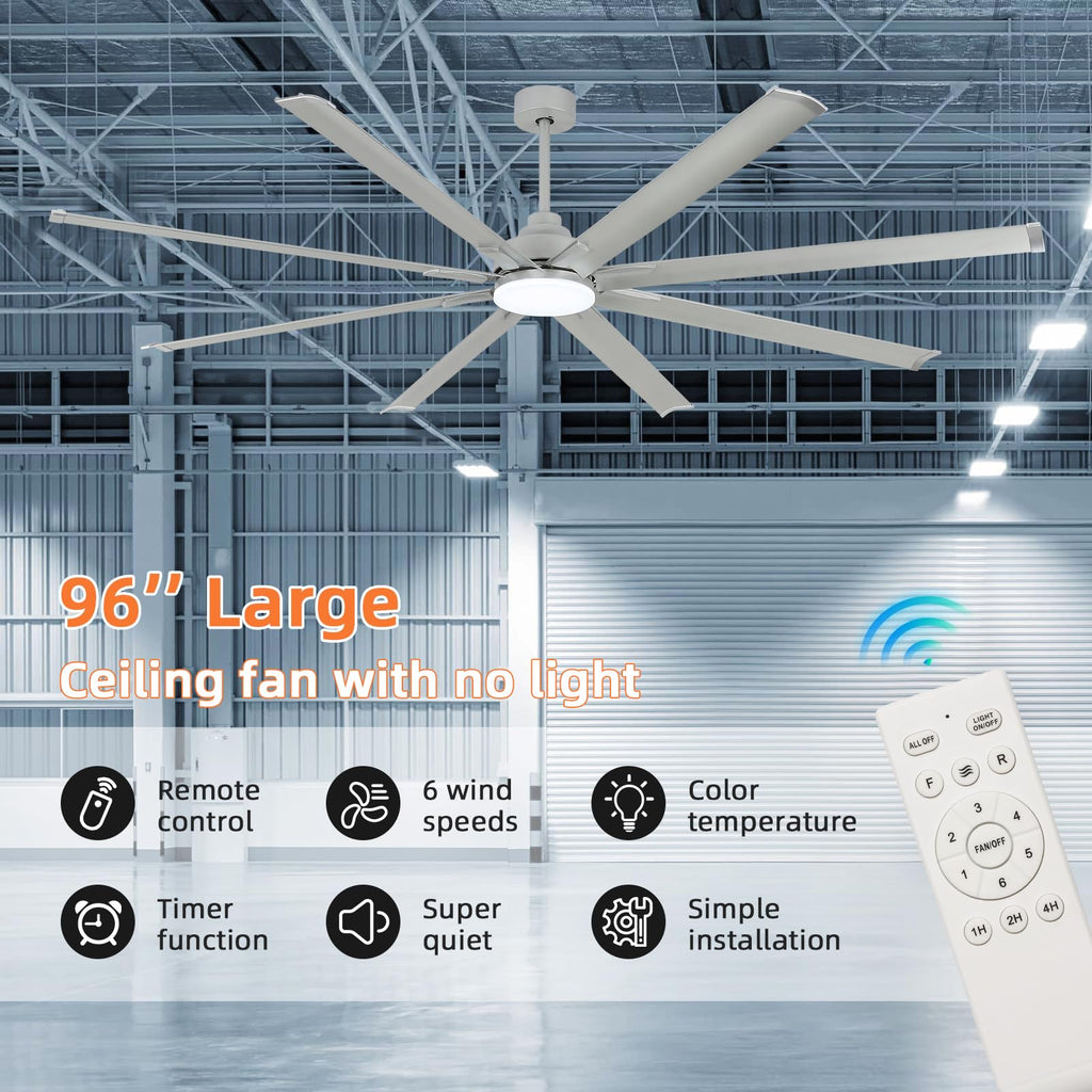 96 Inch Ceiling Fan with Light and Remote Control, Industrial Large Ceiling Fans with 8 Aluminum Blades