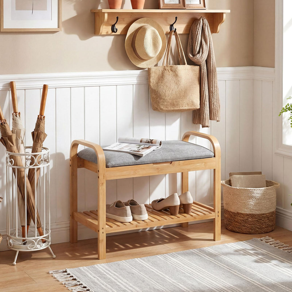Small Entryway Bench with Storage, 2-Tier Bamboo Shoe Rack Bench with Flip Top Storage Space and Padded Cushion, Shoe