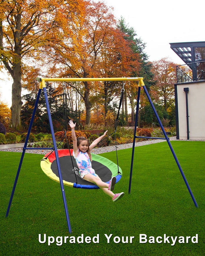 43" Saucer Tree Swing Metal Frame Full Steel Swing Stand, Swing Set 71" High Textilene & Full Metal Tubes (Blue Stand)
