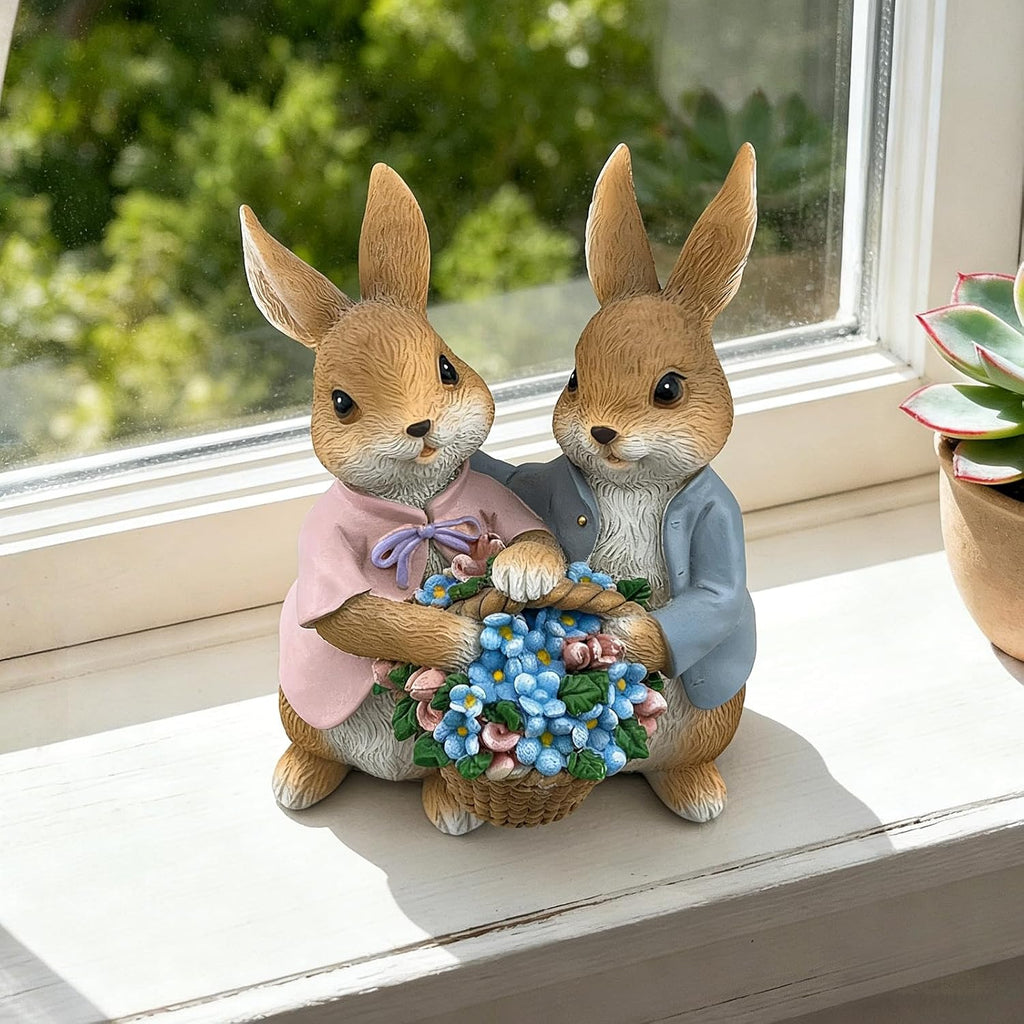 Bunny Statue Resin Flower Basket Rabbit Easter Spring Desk Home Decor Gift
