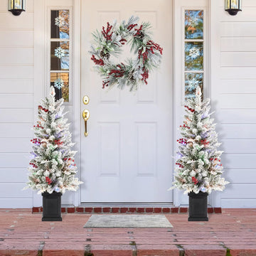 4ft Prelit Christmas Tree Set of 2, Flocked Artificial Christmas Porch Tree with Red Berries and 60 Warm