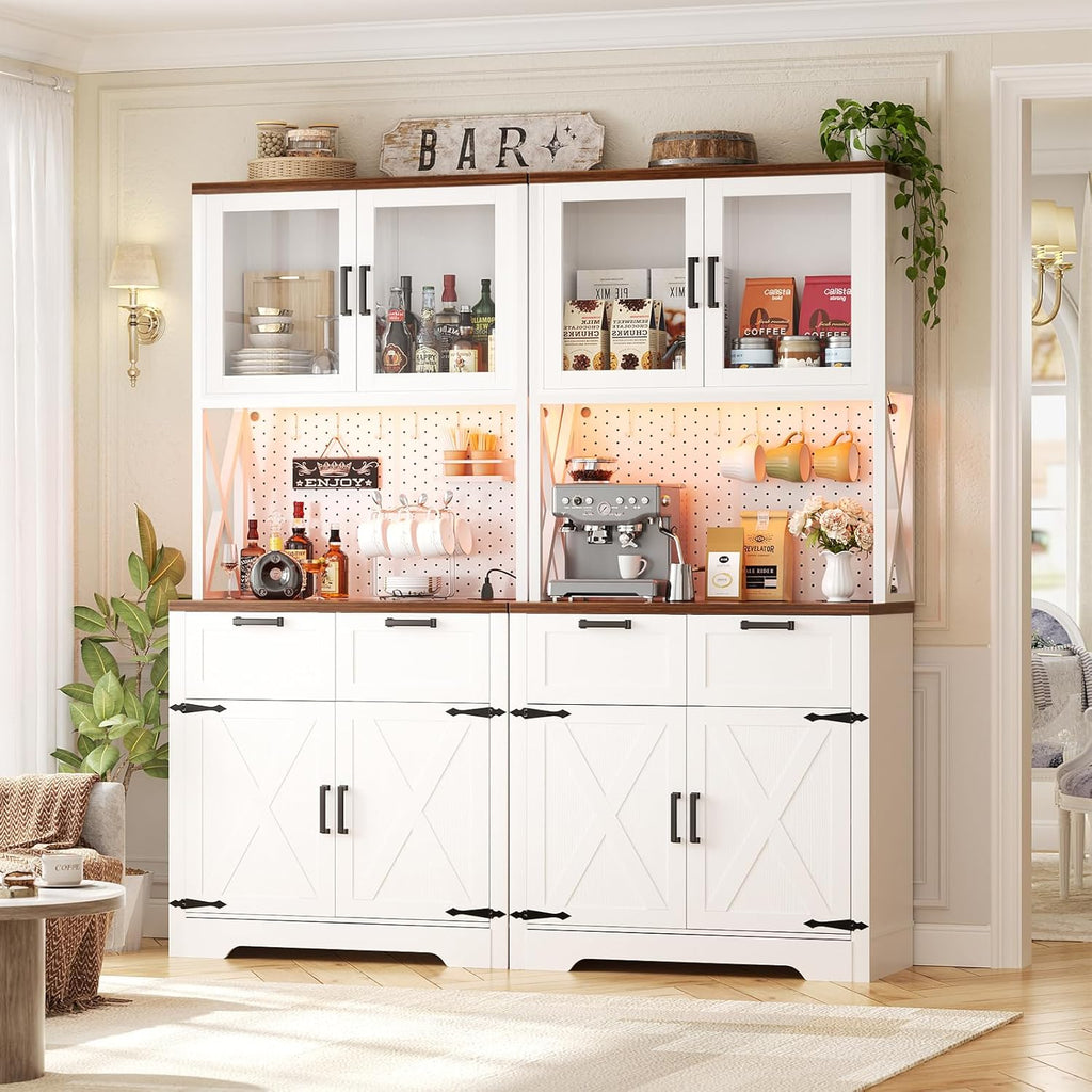 71" Kitchen Pantry Cabinet with LED Light & Outlet, Microwave Stand | White & Rustic, 63" Wide, DIY Pegboard Panel