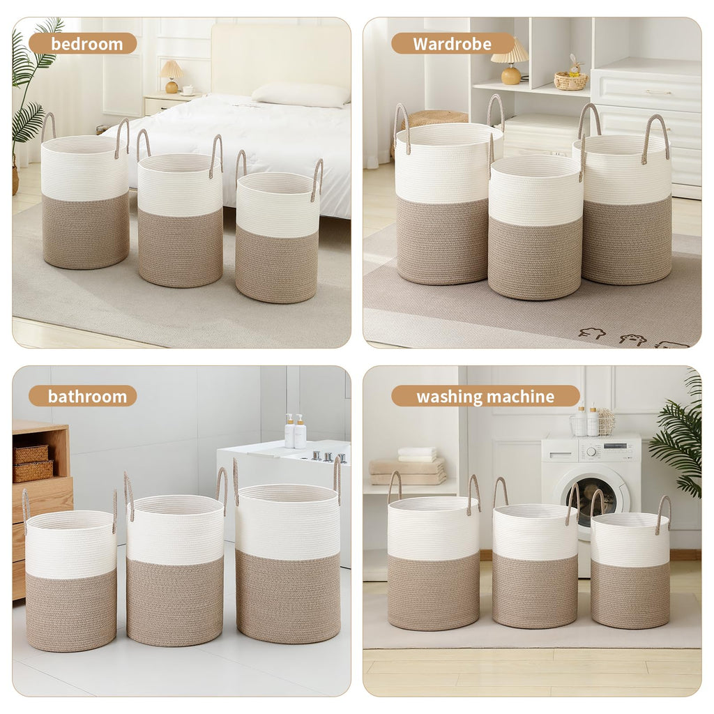 Basket Hamper Tall Rope Storage Woven for Blanket toys Dirty Clothes Bathroom Bedroom (White&Brown, 100L/26.4Gal)