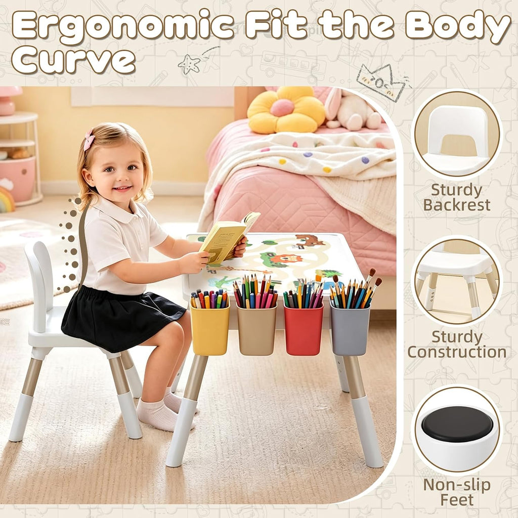 Kids Table and Chair Set with Storage, 6 in 1 Height Adjustable Toddler Table and 2 Chair Set, Toddler Kids Activity