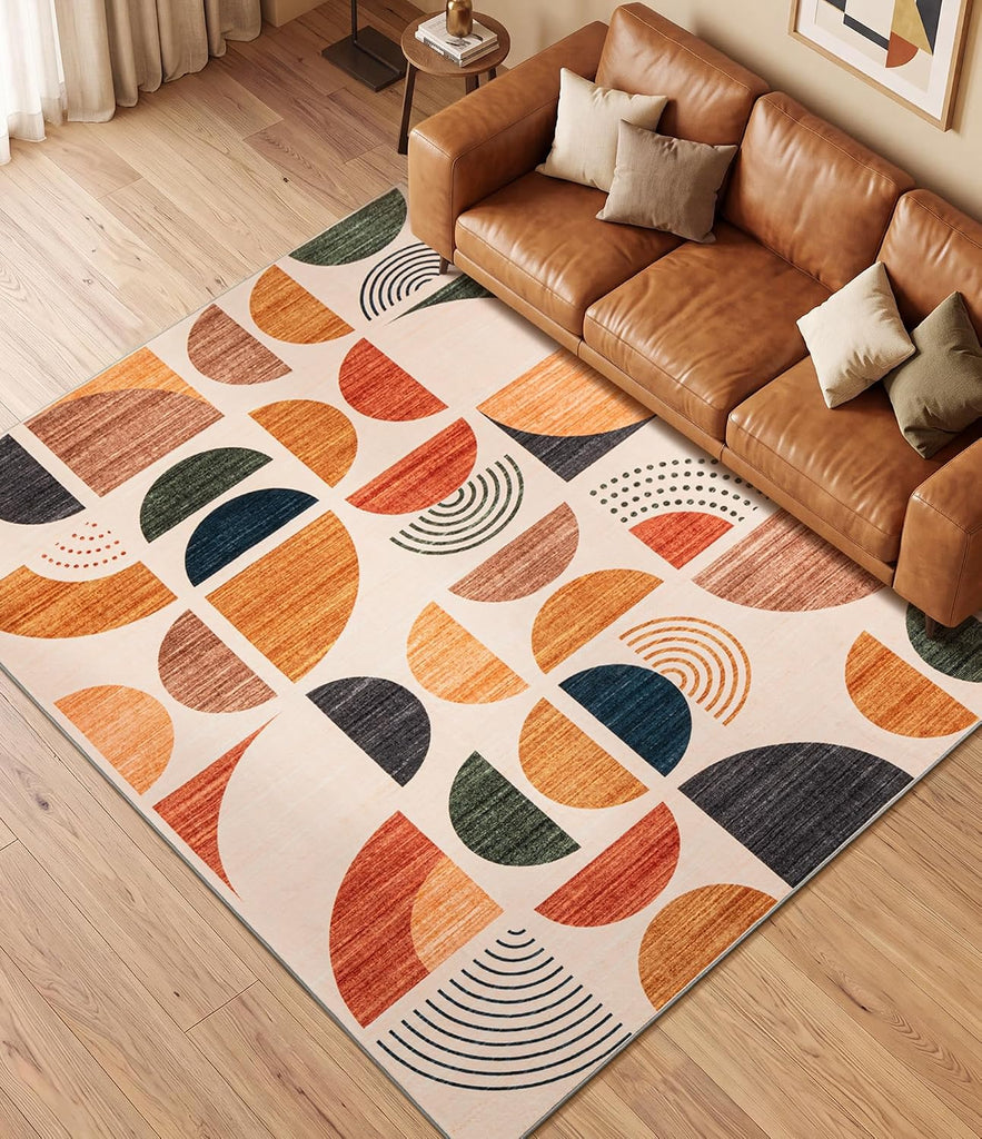 Boho Washable Area Rugs, Mid-Century Modern Rug Non Slip Minimalist, Bauhaus Throw Floor Carpet Dining Room