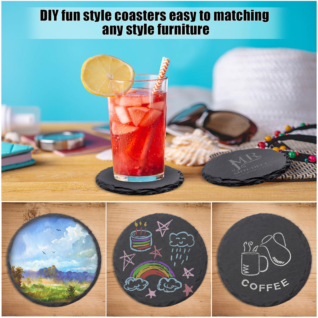 12 Pack 4 Inch Round Slate Drink Coasters with Metal Holder