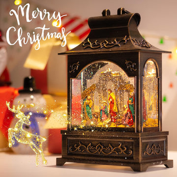 Christmas Nativity Snow Globe Lantern with Music Lights Swirling Glitter