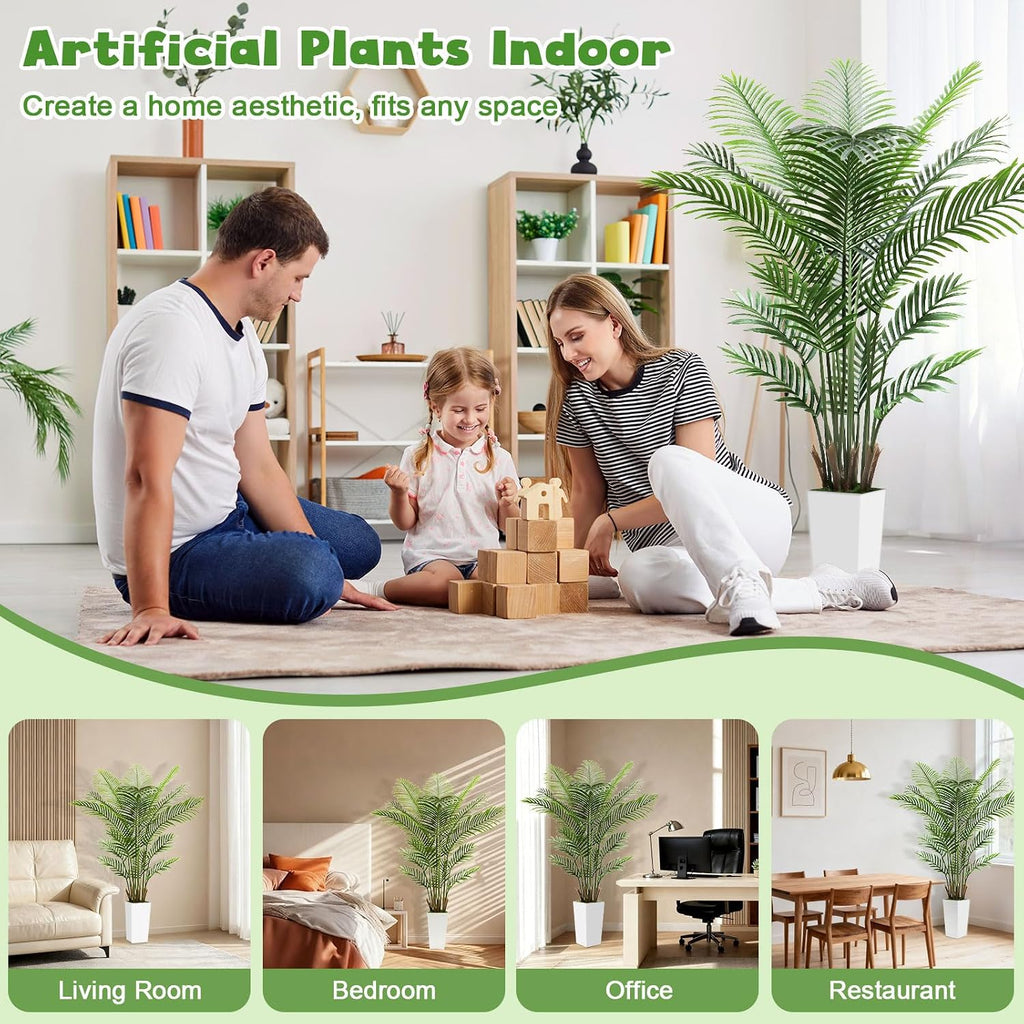 Artificial Palm Tree 6FT - Lifelike Fake Areca Palm Tree with White Tall Planter - Faux Indoor Tropical Floor Plant