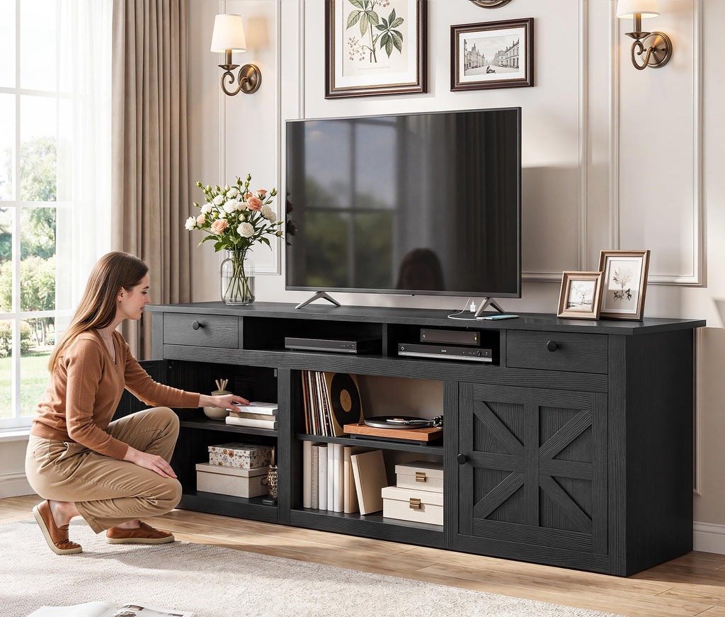 Farmhouse TV Stand with Power Outlet for 80 Inch TVs, Black