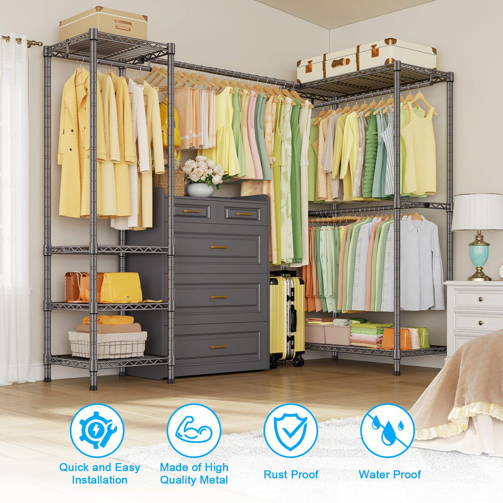 E10L L-Shaped Clothes Rack for Corner(With Expandable Hanger Rod)Heavy Duty Freestanding Clothing Racks for Hanging
