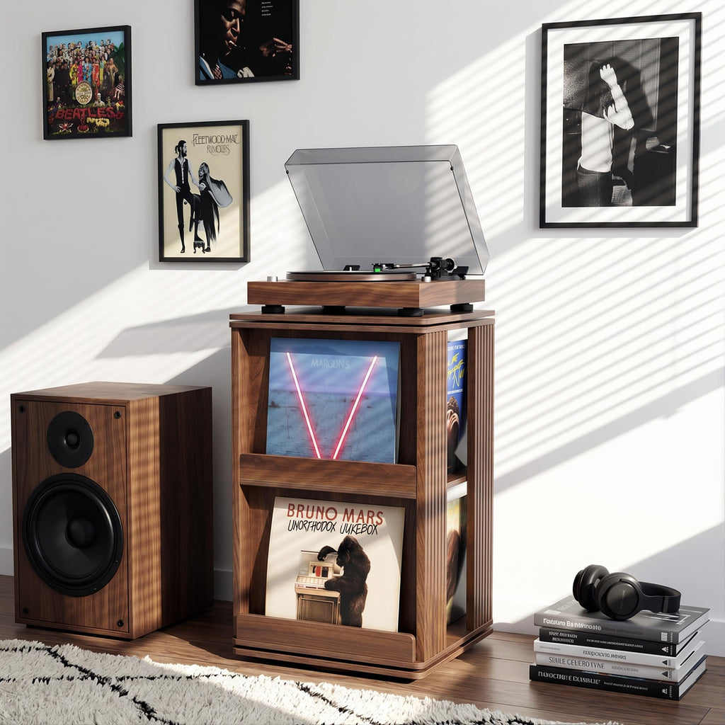 Swivel Record Player Stand with Storage Cabinet & Cover Holder