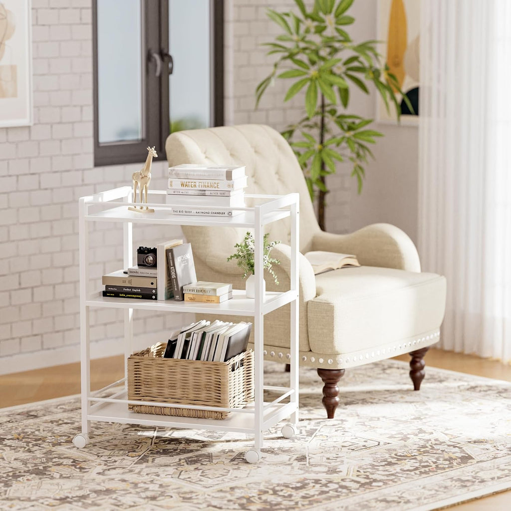 White Bar Cart, Home Bar Serving Cart, Kitchen Trolley on Wheels with Storage, 3 Tier Rolling Beverage Cart Kitchen