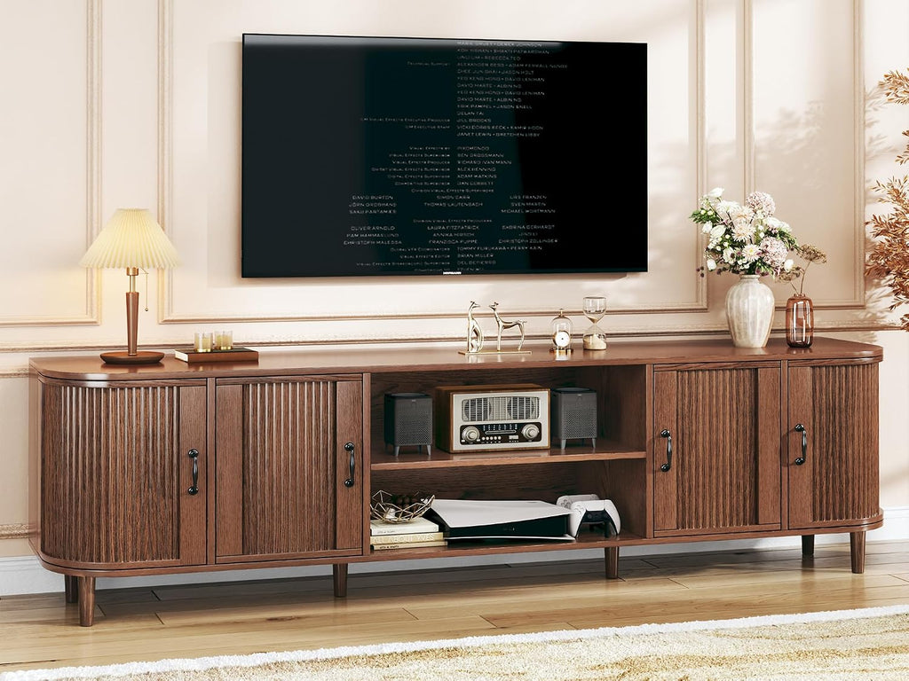 TV Stand for 75 inch TV, Mid Century Modern Entertainment Center for 55/60/65/75 inch TV, with Fluted Door Cabinets &