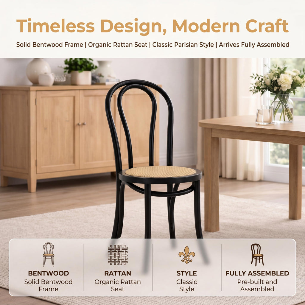 Solid Wood Dining Chairs Set of 2, French Bistro Dining Chairs, Solid Bentwood Chairs with Rattan Seat for