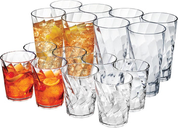 Optix Plastic Reusable Drinking Glasses (Set of 16) 14oz Rocks & 20oz Water Cups in Clear | BPA-Free Tumblers, Made