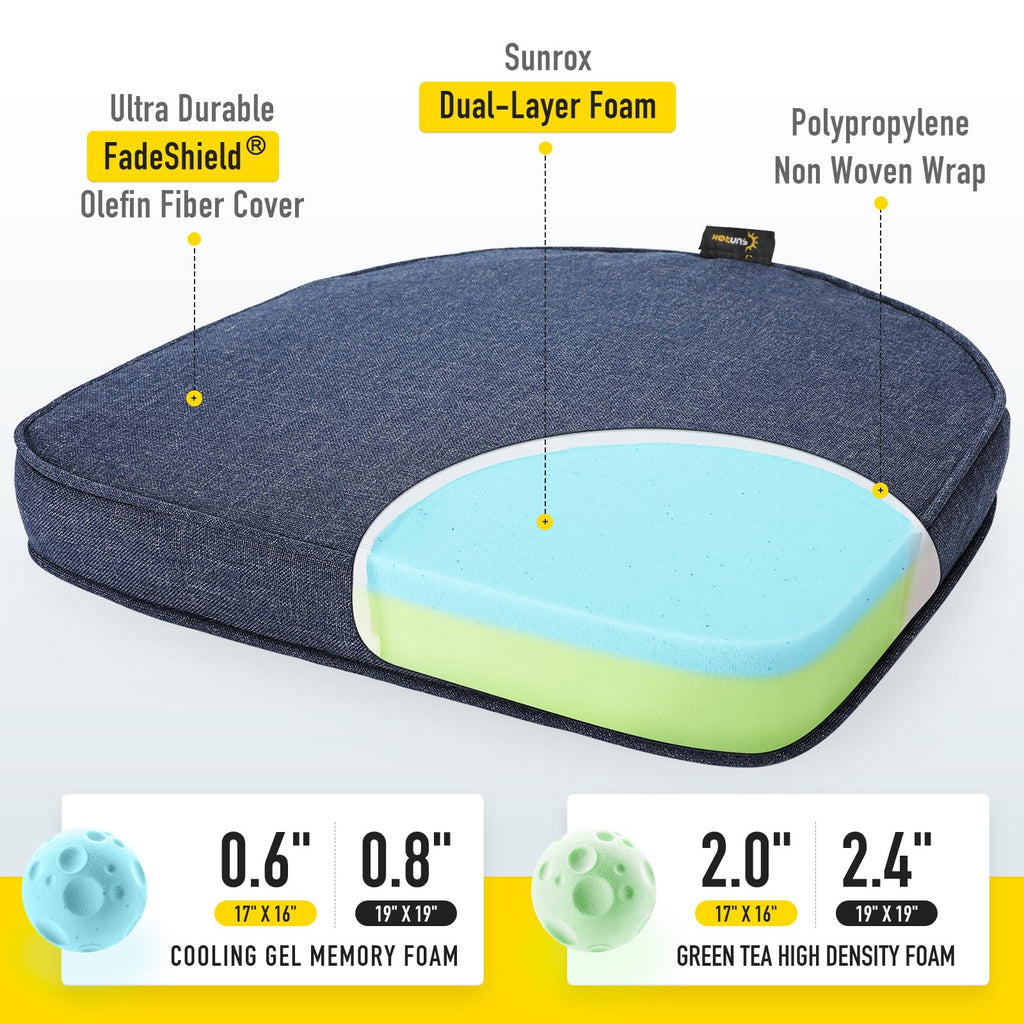 Gel Memory Foam Chair Cushions, FadeShield Water - Stain-Resistant Durable Reversible Seat Cushion Pads with Ties for