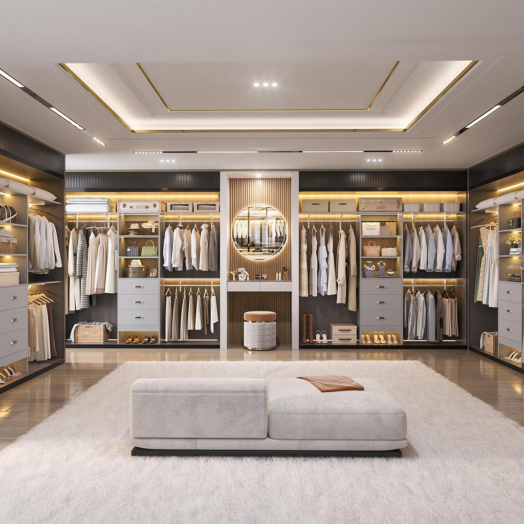 Closet System with Drawer - 8FT Wood Closet Organizer System with 3 Hanging Rods and Shelving Tower, 96" Walk In