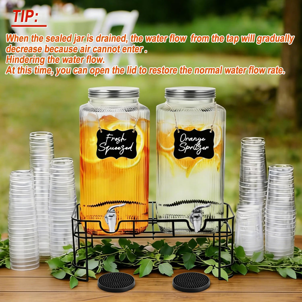 Gallon Glass Drink Dispenser with Stand Spigot Drink Coasters and Filter Leakproof Water Jar Clear Iced - Set of 2