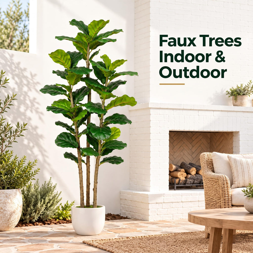Fiddle Fig Tree Artificial 5FT Faux Trees Indoor with Planter & Basket