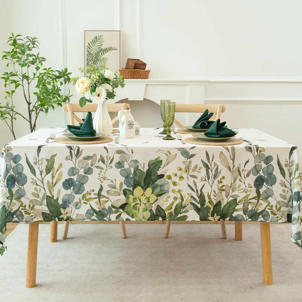 Summer Spring Tablecloth - Waterproof, Stain Resistant, Eucalyptus Floral Design for Dining, Kitchen, Outdoor